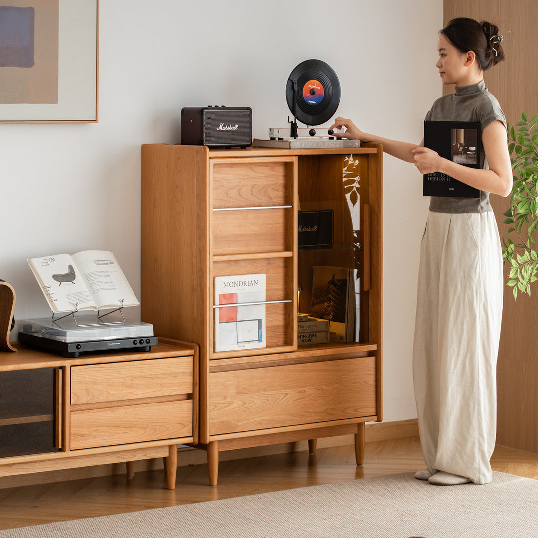 Scandinavian cherry wood side cabinet vista size charts.