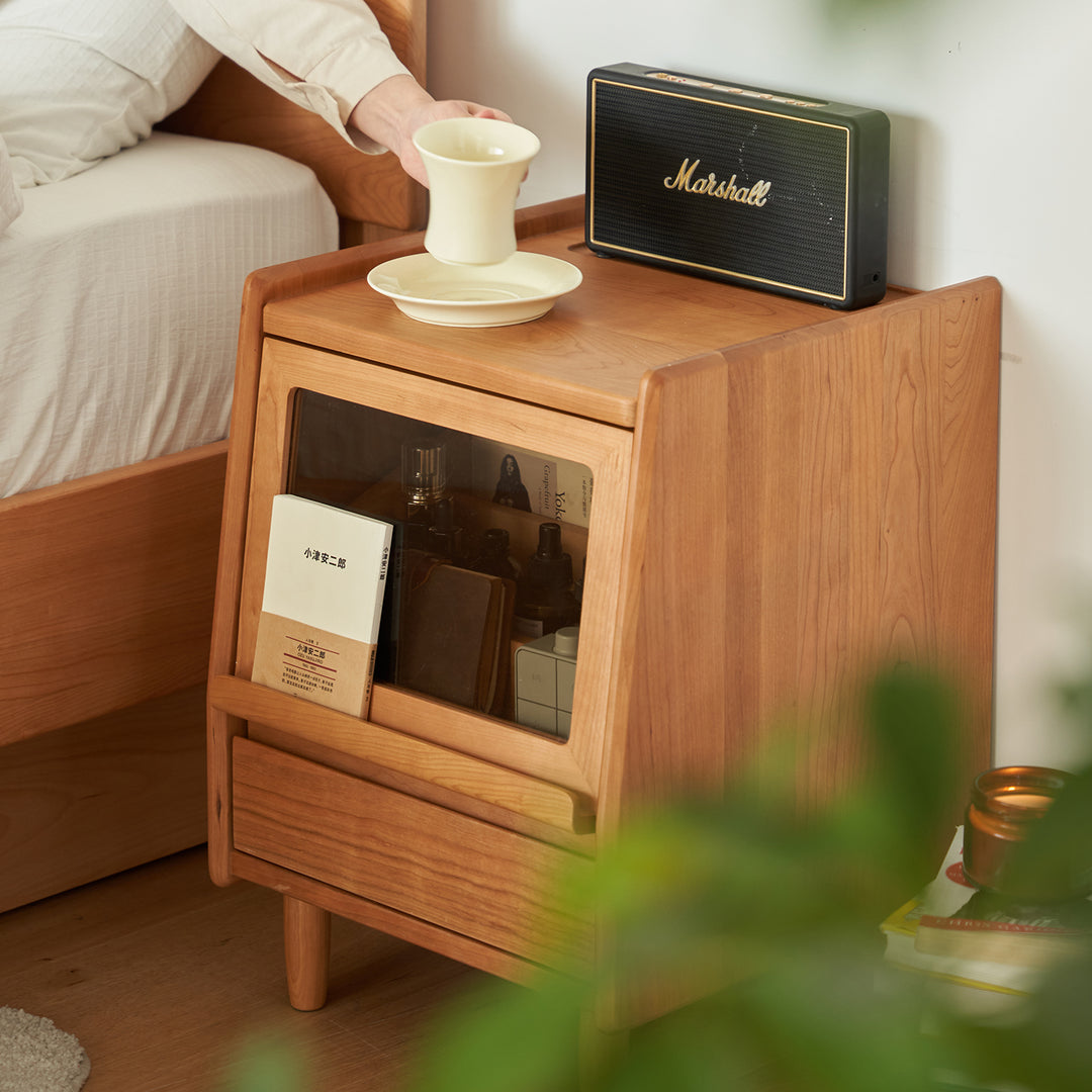 Scandinavian cherry wood side table shell size charts.
