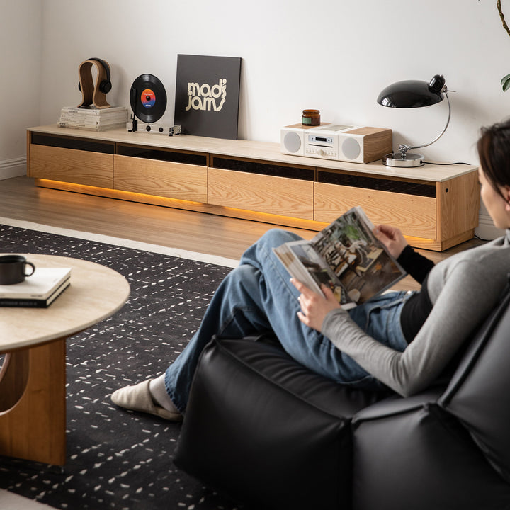Scandinavian oak wood tv console floating light in real life style.