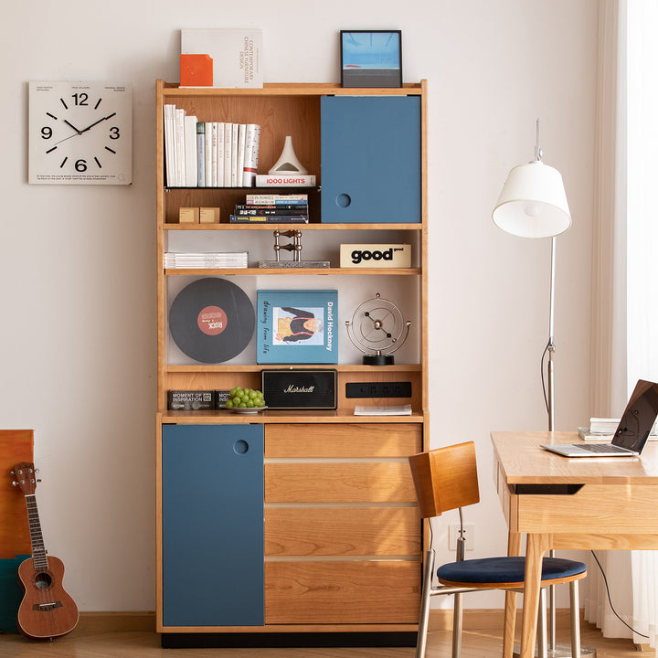 Scandinavian cherry wood storage side cabinet time color swatches.