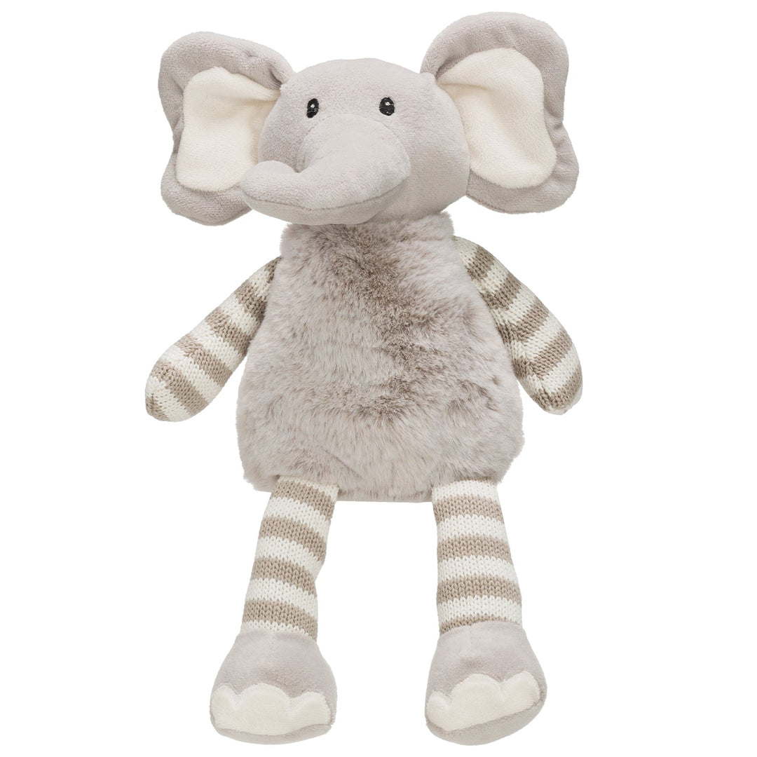 3"l x 12-1/2"h plush elephant, grey w/ white stripes decor in white background.