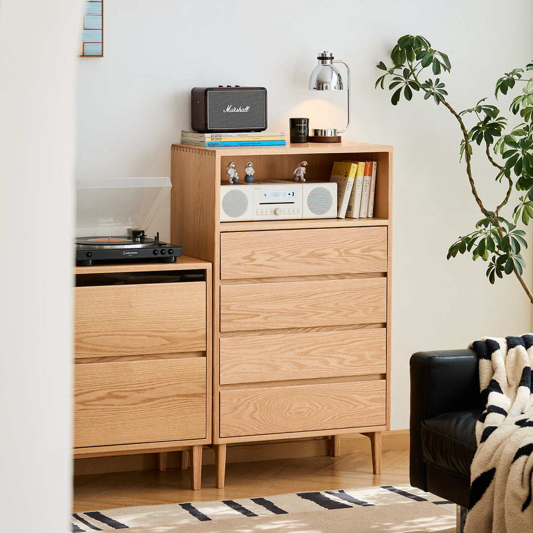 Scandinavian oak wood chest of 5 drawers floating light size charts.