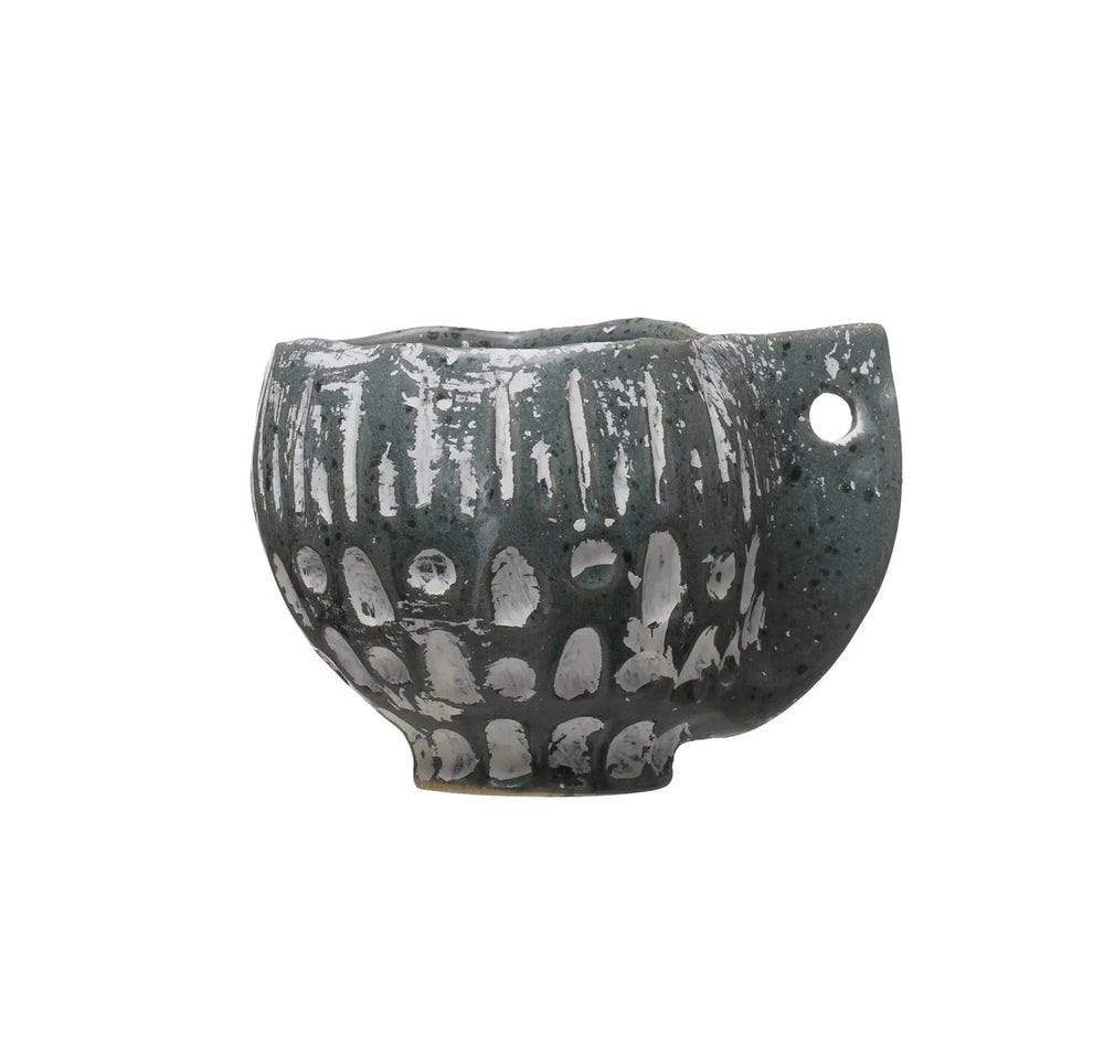 4-3/4"l x 3-3/4"w x 3-1/2"h stoneware planter, reactive glaze, distressed grey f decor in white background.