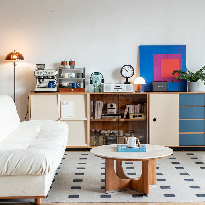 Scandinavian cherry wood modular cabinet time material variants.