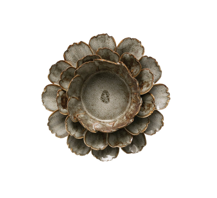 4" round x 1-1/2"h handmade stoneware flower tealight holder, reactive glaze, be decor in white background.