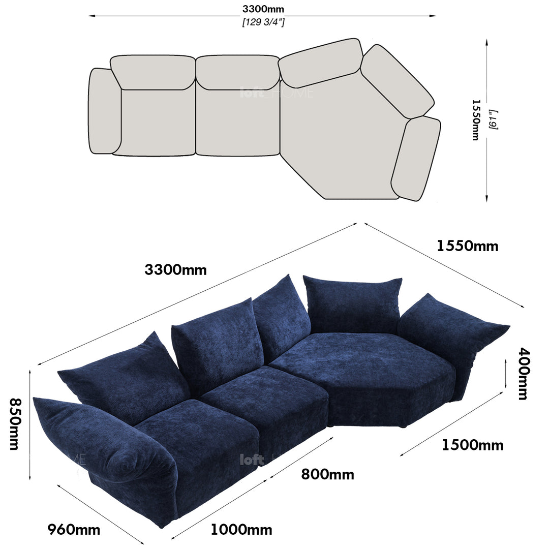 Minimalist Velvet Fabric L Shape Sofa FLOWER Size Chart
