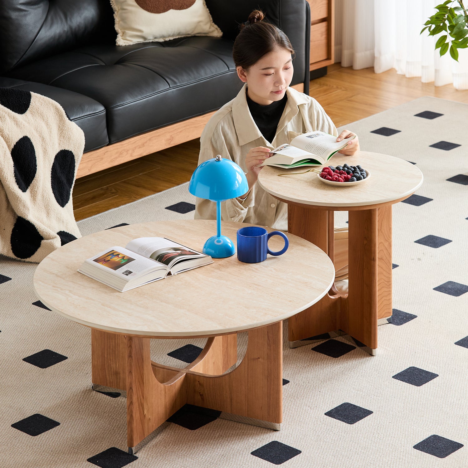 Scandinavian sintered stone coffee table set shells color swatches.