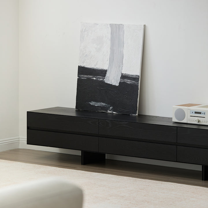 Minimalist ash wood tv console shadow color swatches.