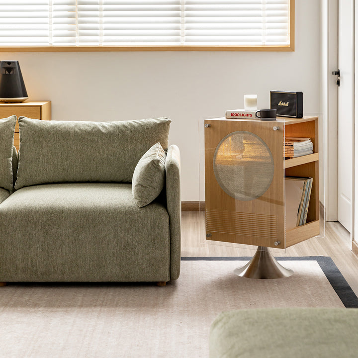 Minimalist oak wood veneer revolving side table muse material variants.