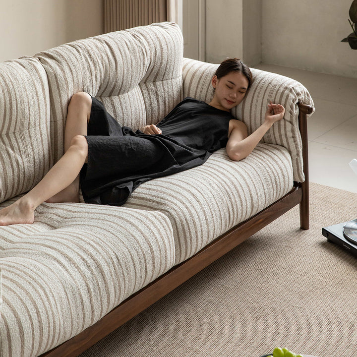 Scandinavian chenille velvet fabric walnut wood 3 seater sofa sofa open backed color swatches.