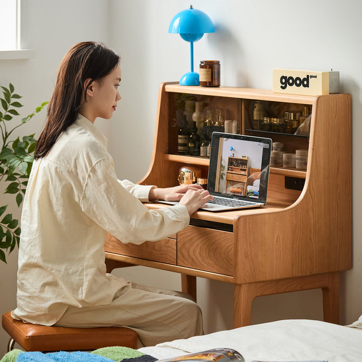 Scandinavian cherry wood dressing table floating vanity material variants.