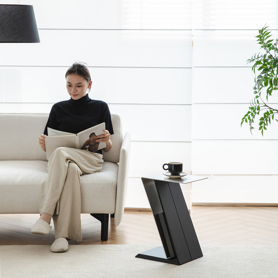 Minimalist stainless steel side table zig color swatches.