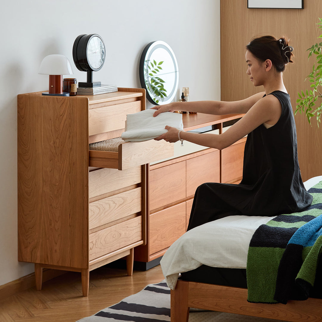 Scandinavian cherry wood chest of drawers vista material variants.