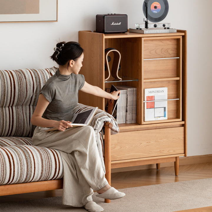 Scandinavian cherry wood side cabinet vista material variants.