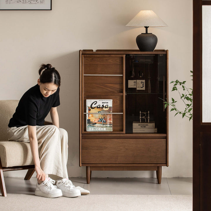 Vintage walnut wood side cabinet vista material variants.