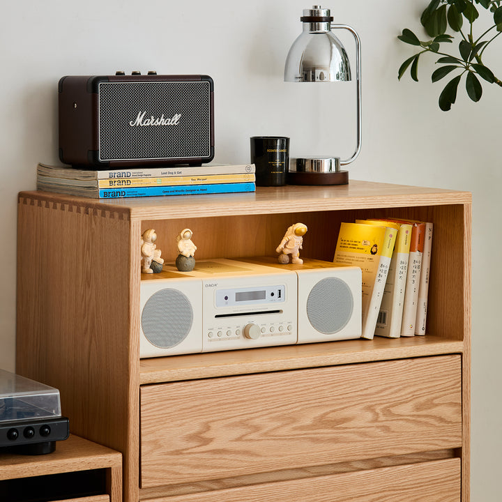 Scandinavian oak wood chest of 5 drawers floating light material variants.