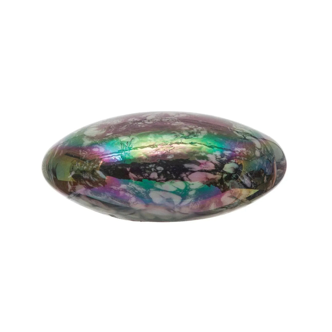 5-1/2"l x 4-1/4"w x 2-3/4"h hand-blown art glass paperweight, iridescent finish decor in white background.