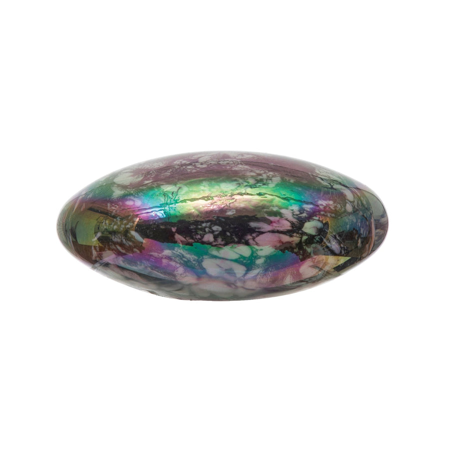 5-1/2"l x 4-1/4"w x 2-3/4"h hand-blown art glass paperweight, iridescent finish decor in white background.
