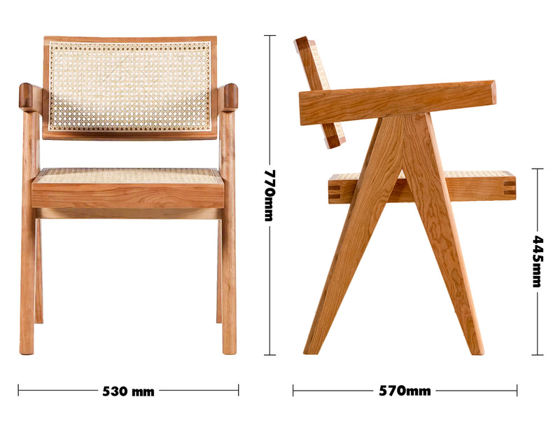 Scandinavian Rattan Armrest Dining Chair JEANNERET Size Chart