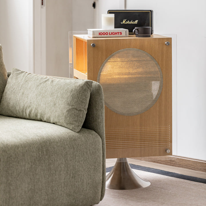 Minimalist oak wood veneer revolving side table muse in real life style.