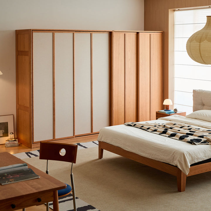 Scandinavian cherry wood sliding door wardrobe kangaroo in details.