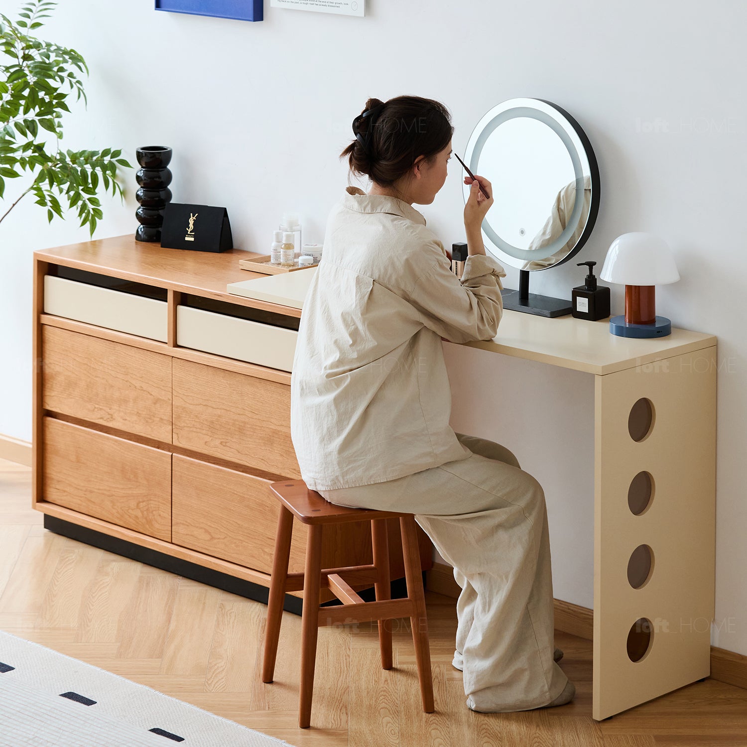 Scandinavian cherry wood dressing table timeless color swatches.