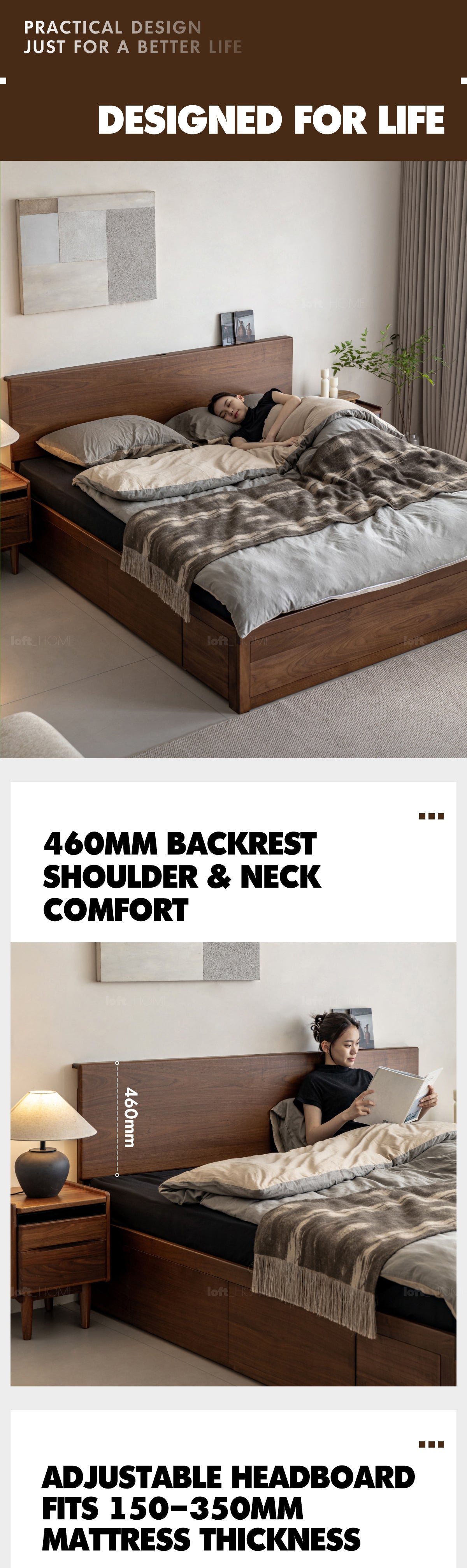 Japandi Walnut Wood Lift-Up Storage Bed With Drawer KANGAROO Good to Know - 5