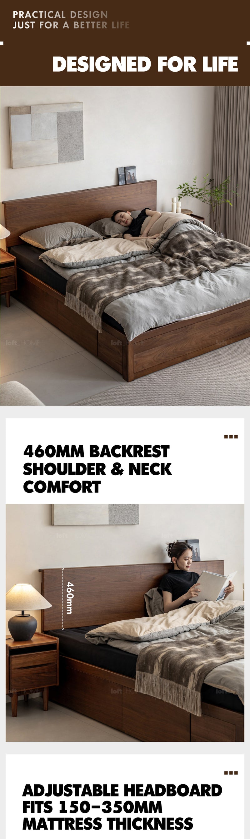 Japandi Walnut Wood Lift-Up Storage Bed With Drawer KANGAROO Good to Know - 5
