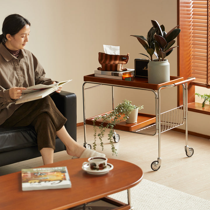 Vintage boxwood wheeled trolley side table n plus in real life style.