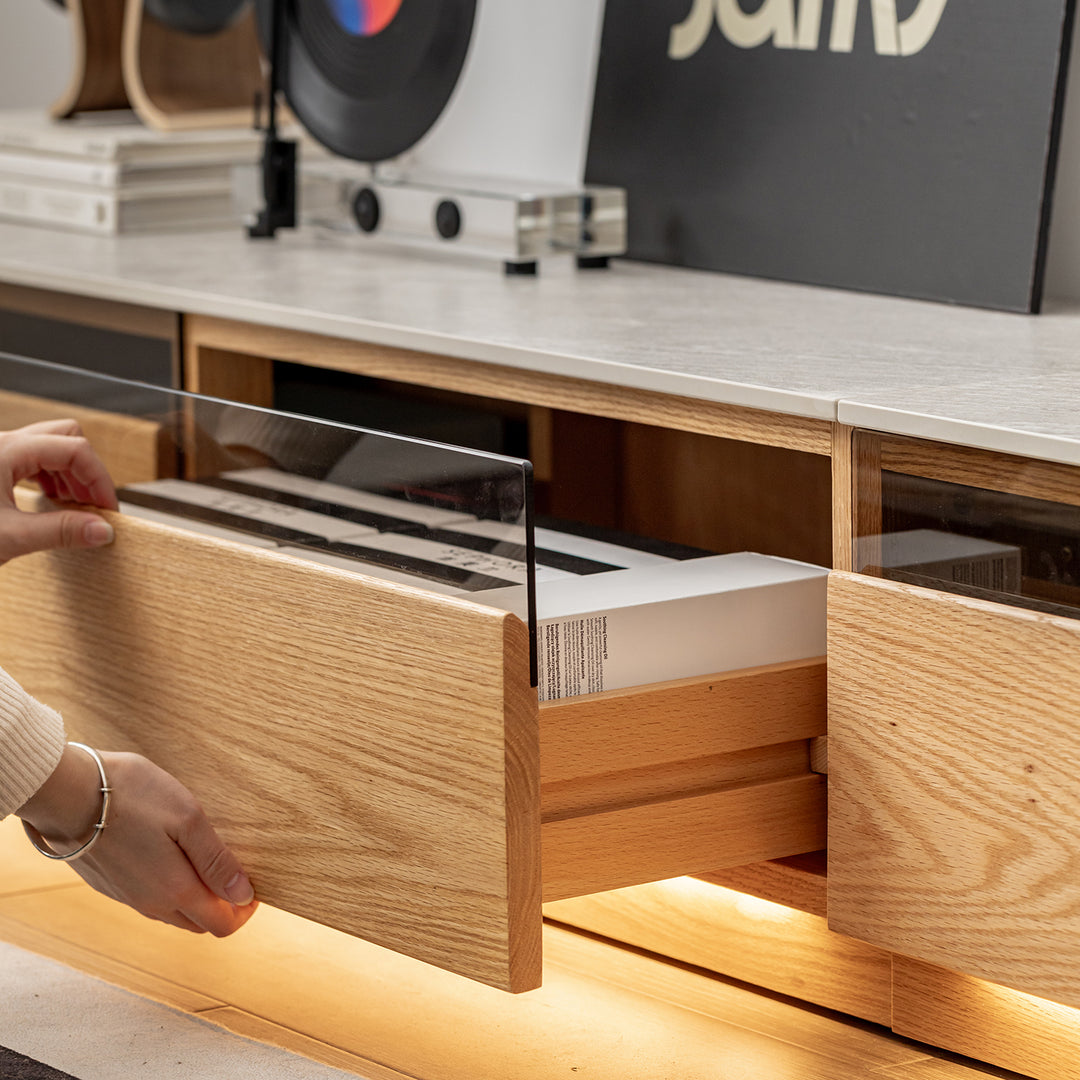 Scandinavian oak wood tv console floating light in details.