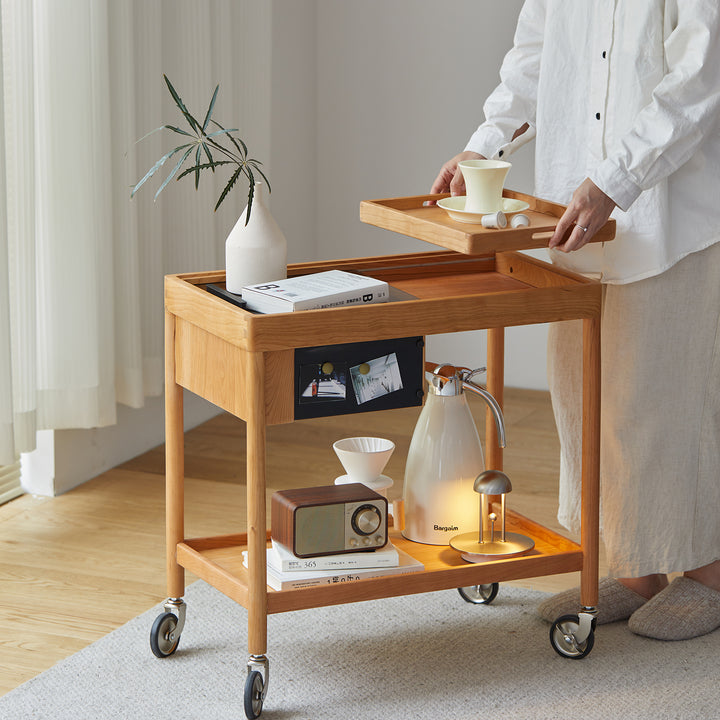 Scandinavian cherry wood wheeled trolley side table pocket material variants.