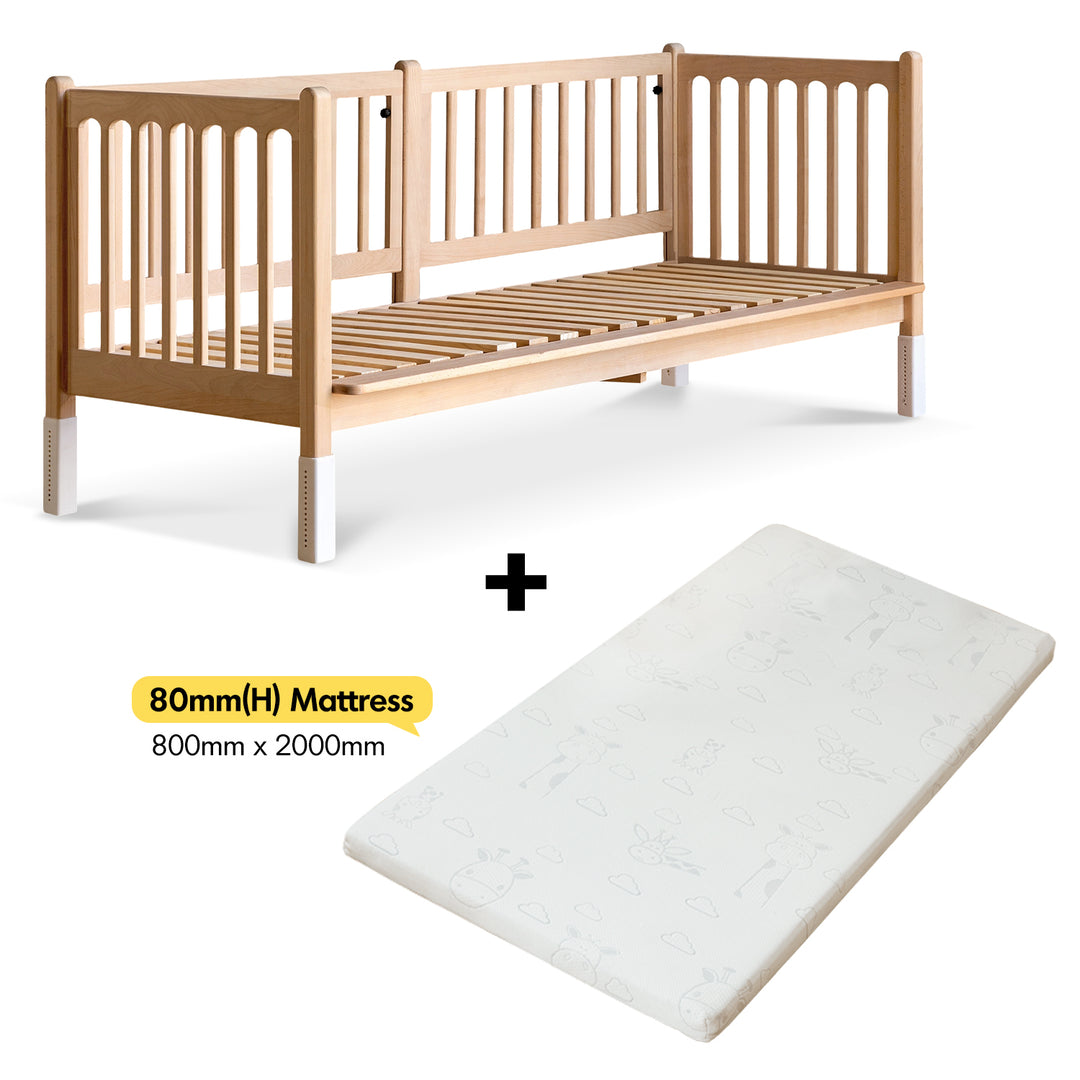 Scandinavian beech wood height adjustable kids sidecar bed with mattress set sova in white background.