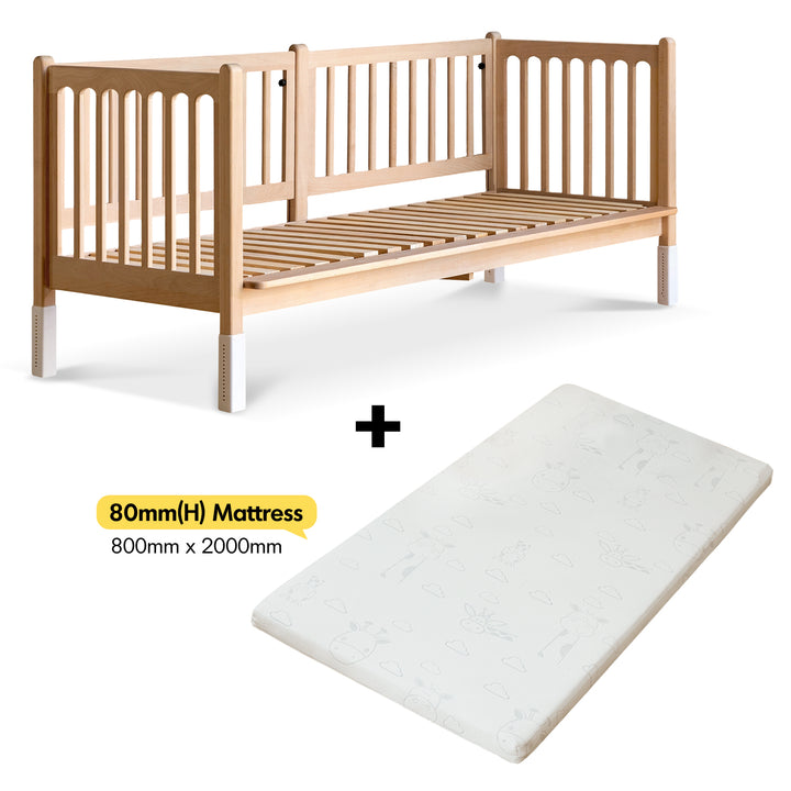 Scandinavian beech wood height adjustable kids sidecar bed with mattress set sova in white background.