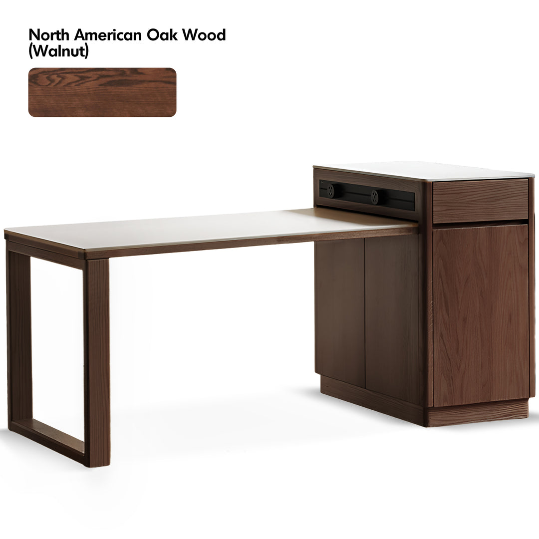 Scandinavian oak wood sintered stone extendable island dining table with cabinet flexa layered structure.
