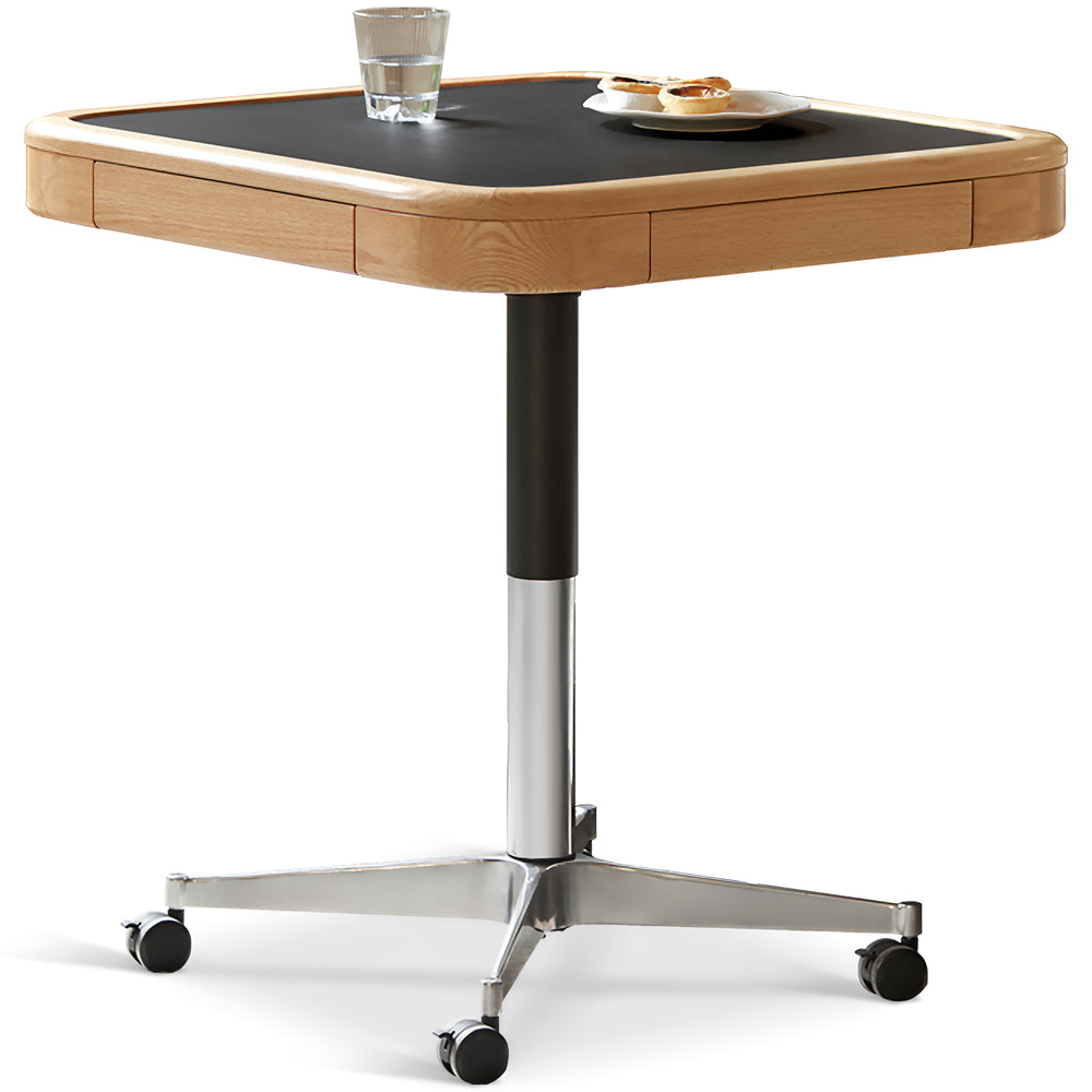 Scandinavian oak wood wheeled height adjustable gaming table coffee table drift in white background.