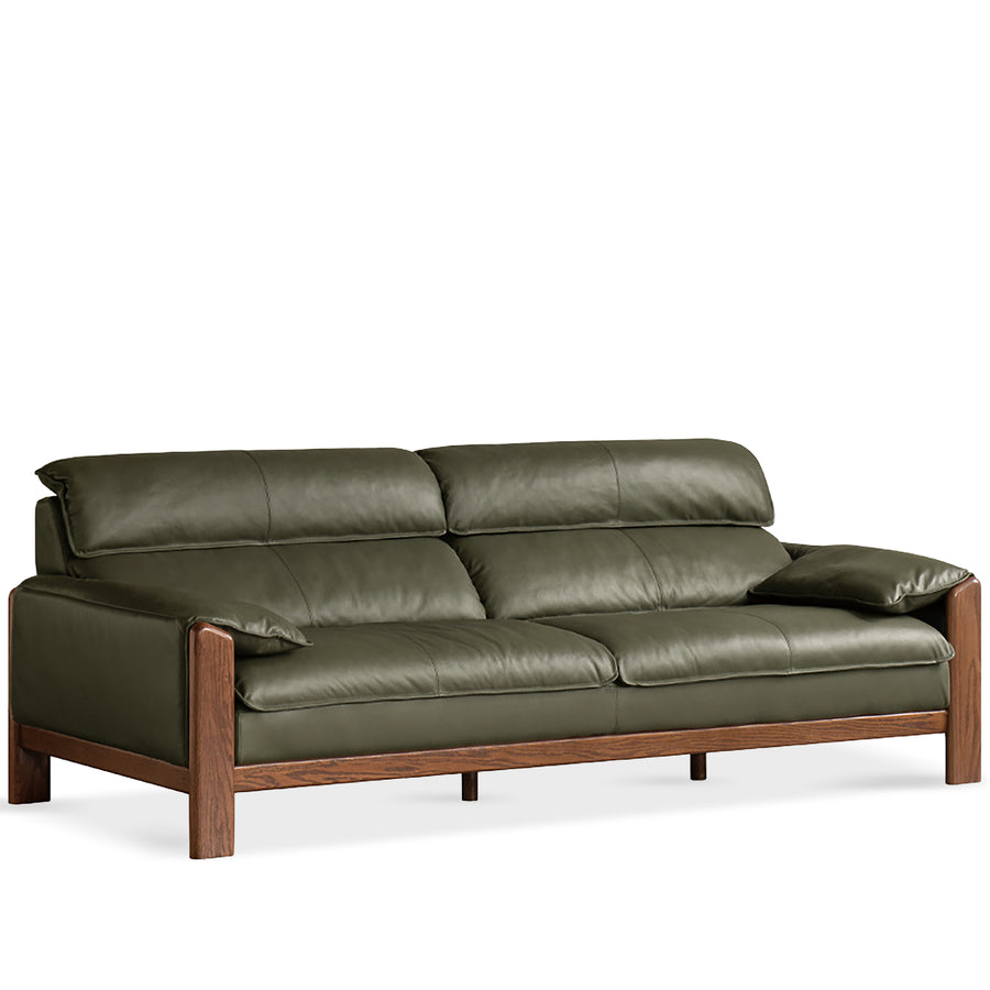 Japandi oak wood genuine leather 3 seater sofa kape in white background.