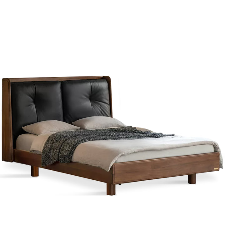 Japandi walnut wood genuine leather bed noir detail 2.