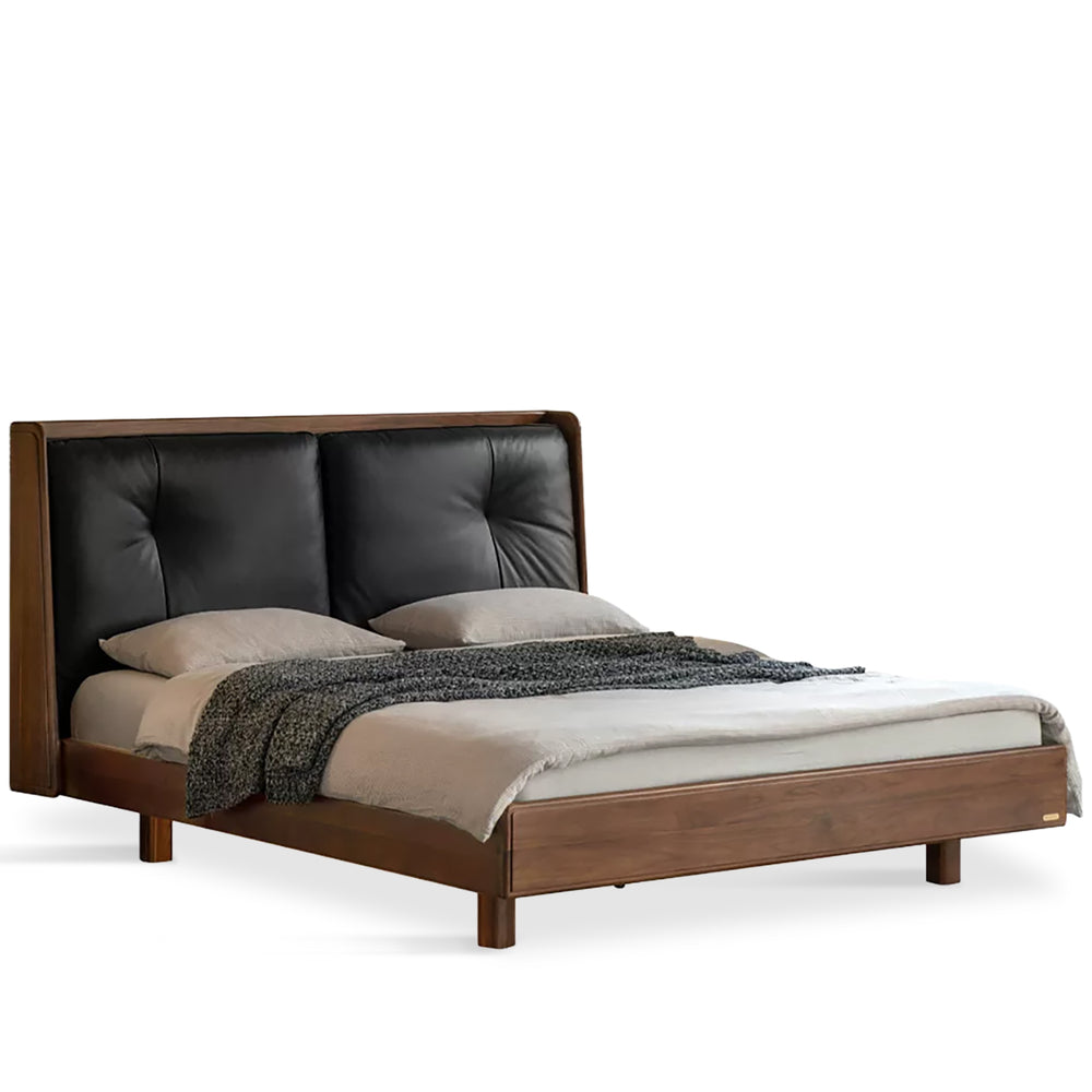 Japandi walnut wood genuine leather bed noir in white background.