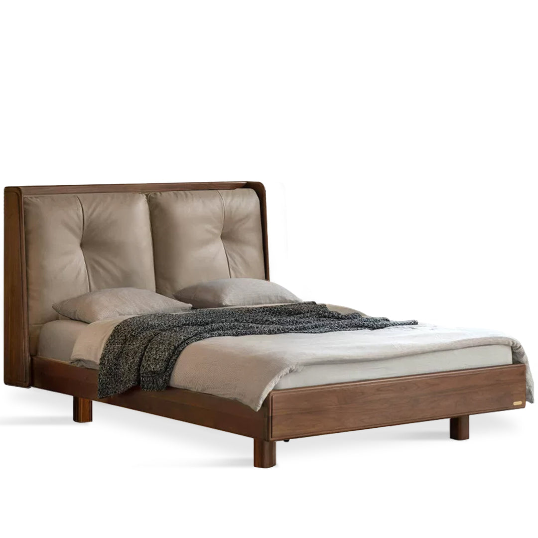 Japandi walnut wood genuine leather bed noir detail 3.