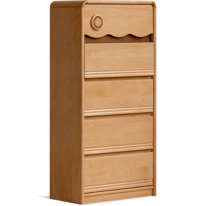 Scandinavian beech wood kids chest of drawers creamy in still life.