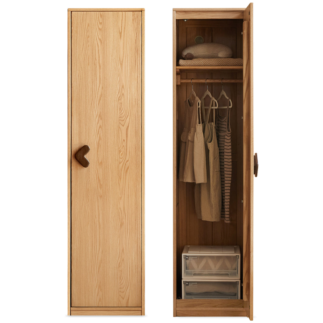 Scandinavian oak wood kids wardrobe cookie in white background.