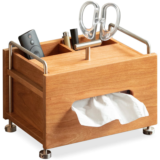 Scandinavian cherry wood tissue box sort in white background.