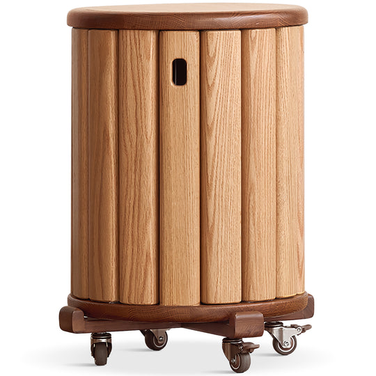 Scandinavian oak wood stackable stool with wheels friday in white background.