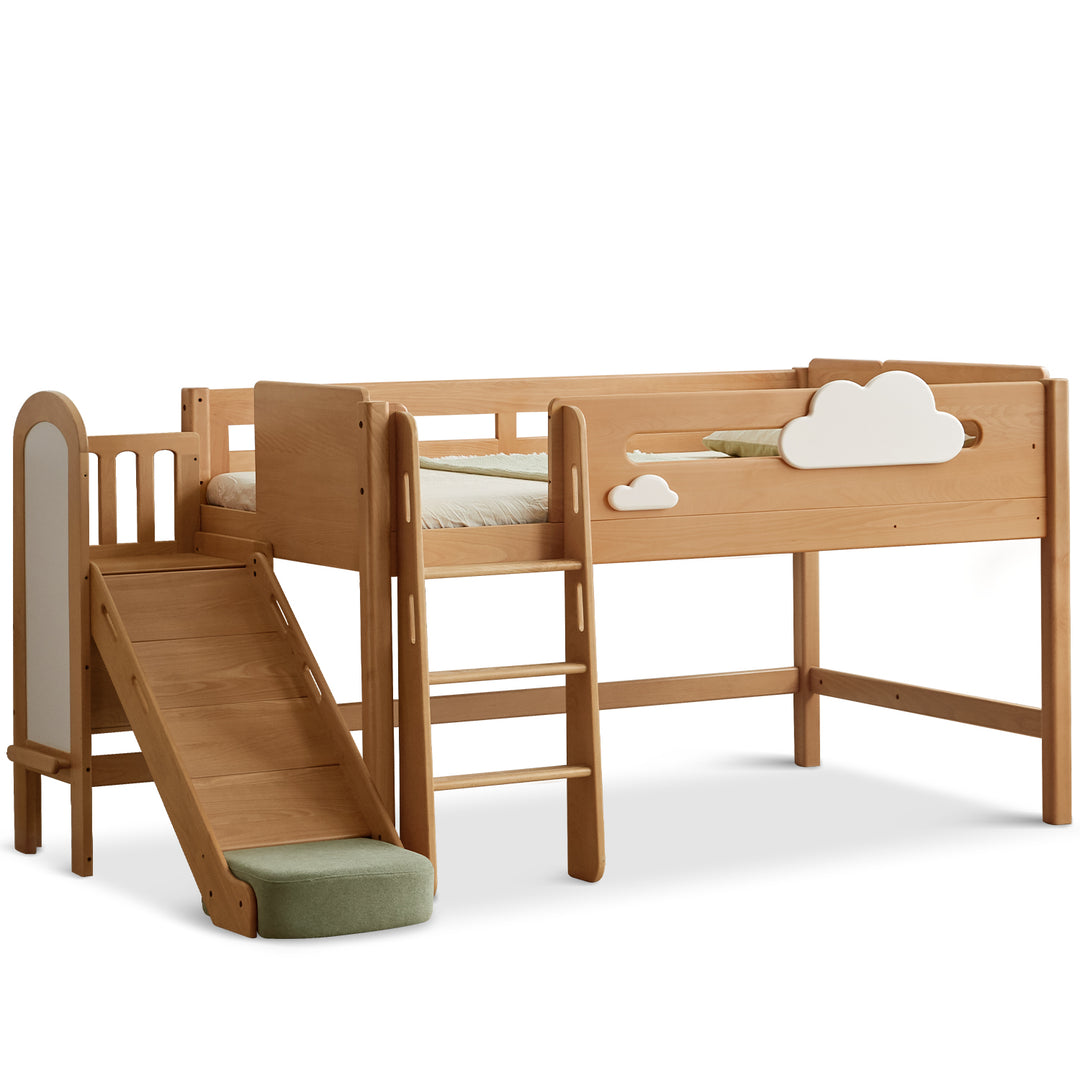 Scandinavian beech wood kids storage bed with slide and study desk cloud layered structure.