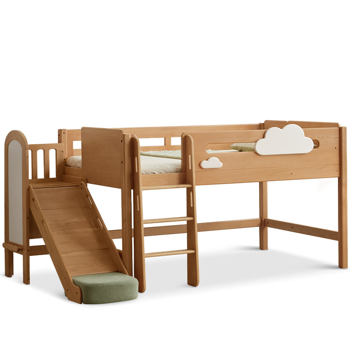 Scandinavian beech wood kids storage bed with slide and study desk cloud detail 1.