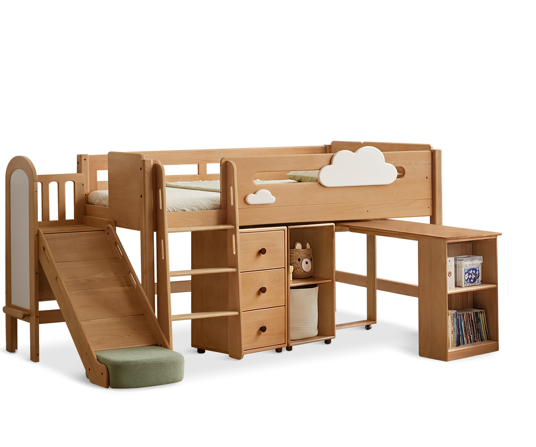 Scandinavian beech wood kids storage bed with slide and study desk cloud detail 2.