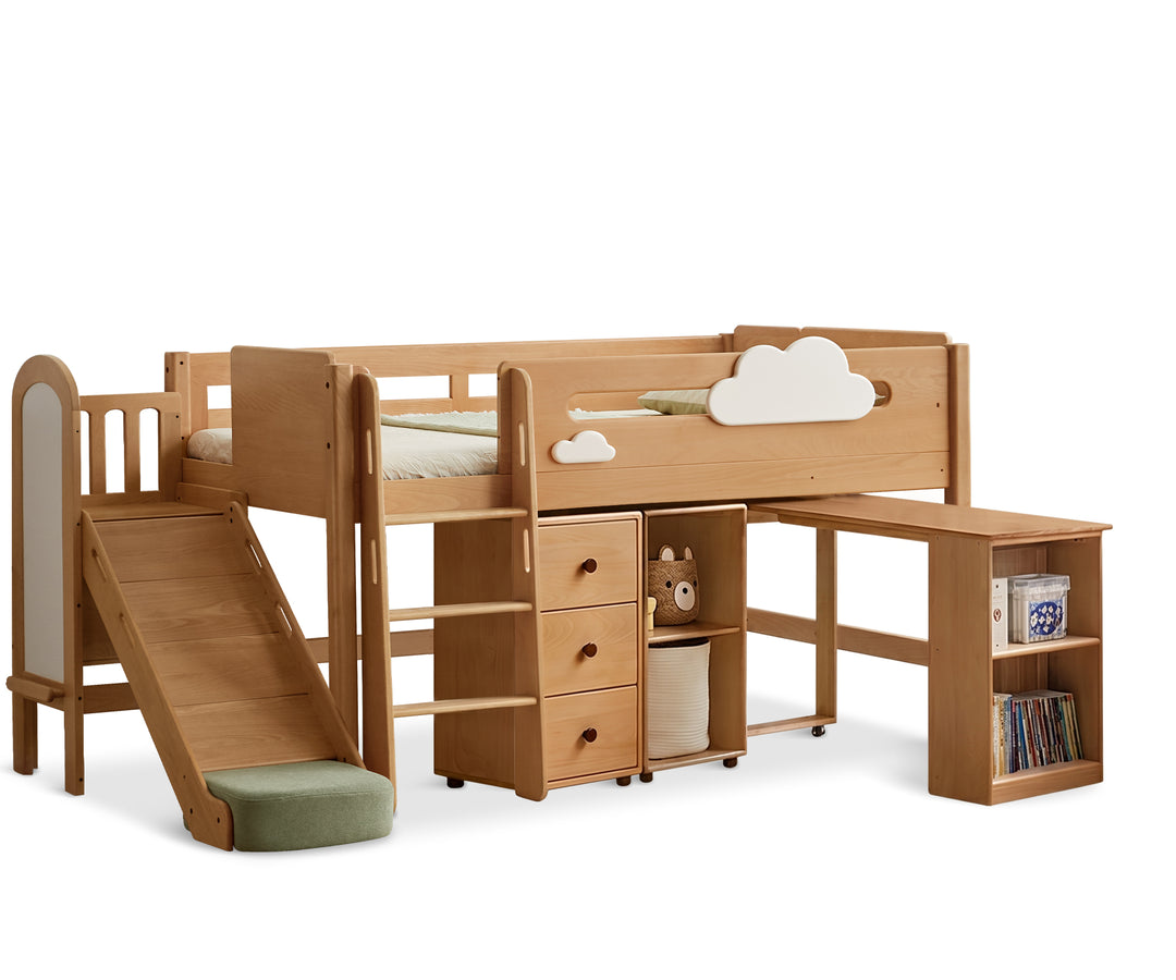 Scandinavian beech wood kids storage bed with slide and study desk cloud detail 3.