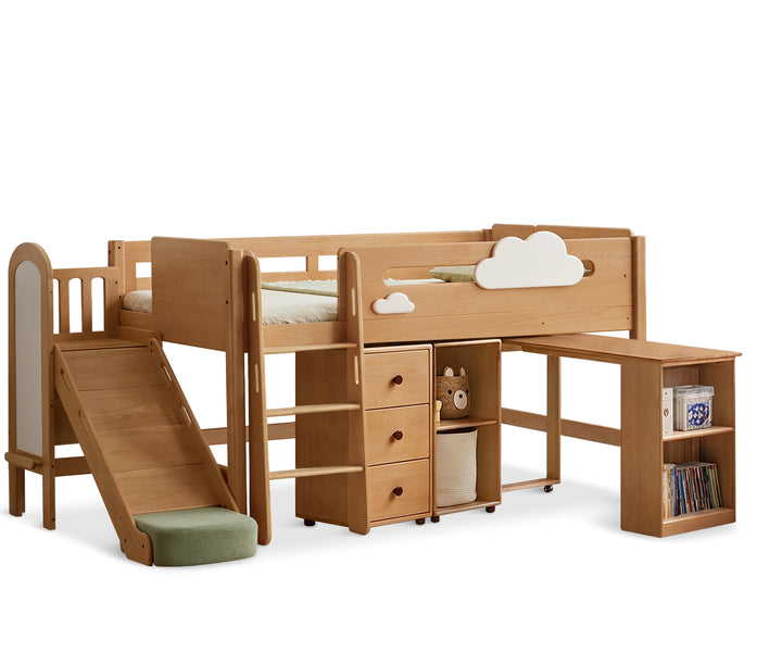 Scandinavian beech wood kids storage bed with slide and study desk cloud in white background.