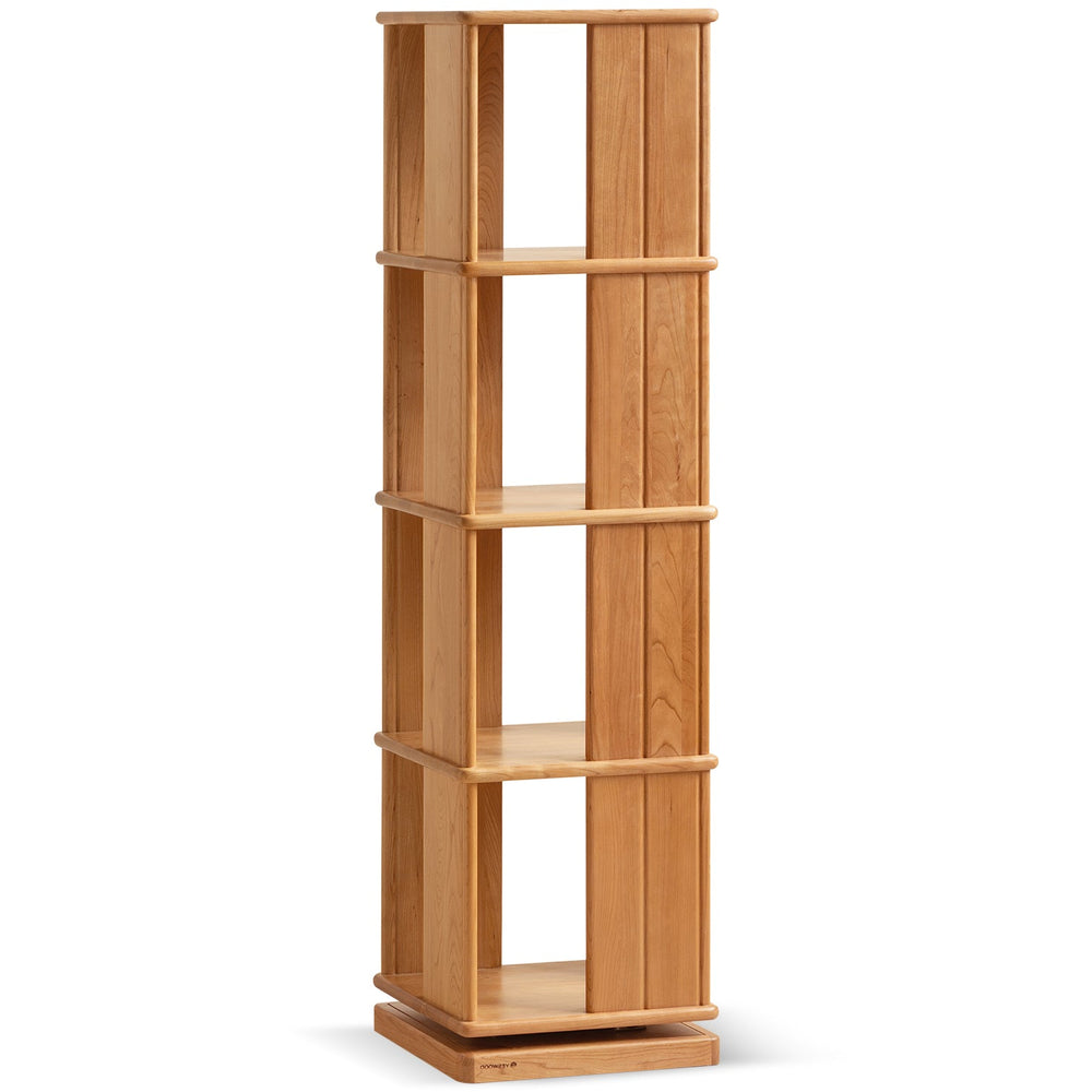 Scandinavian cherry wood revolving bookshelf rotterdam in white background.