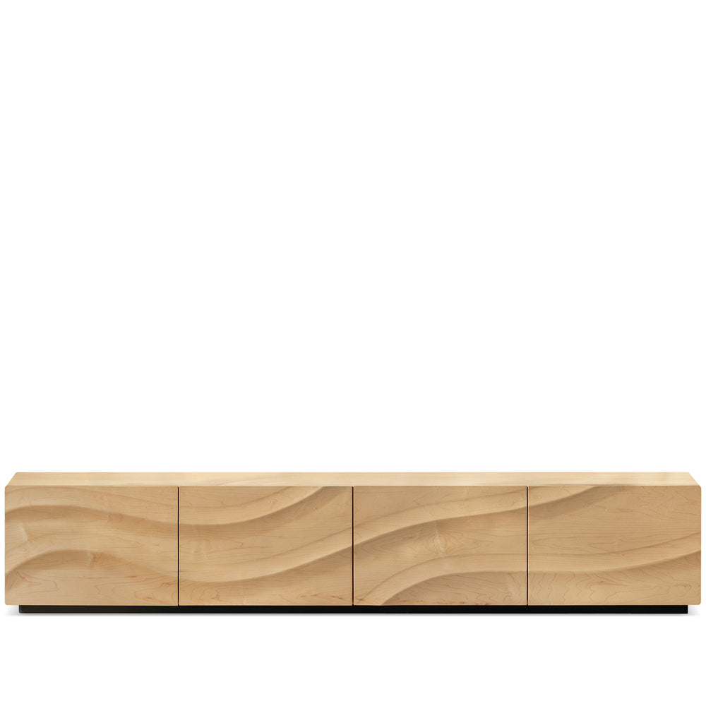 Scandinavian oak wood tv console wave in white background.